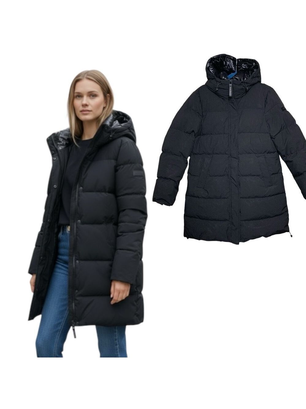 Sanctuary Black 700 Down Hooded Puffer Coat Mid Length M Wind Water Resistant